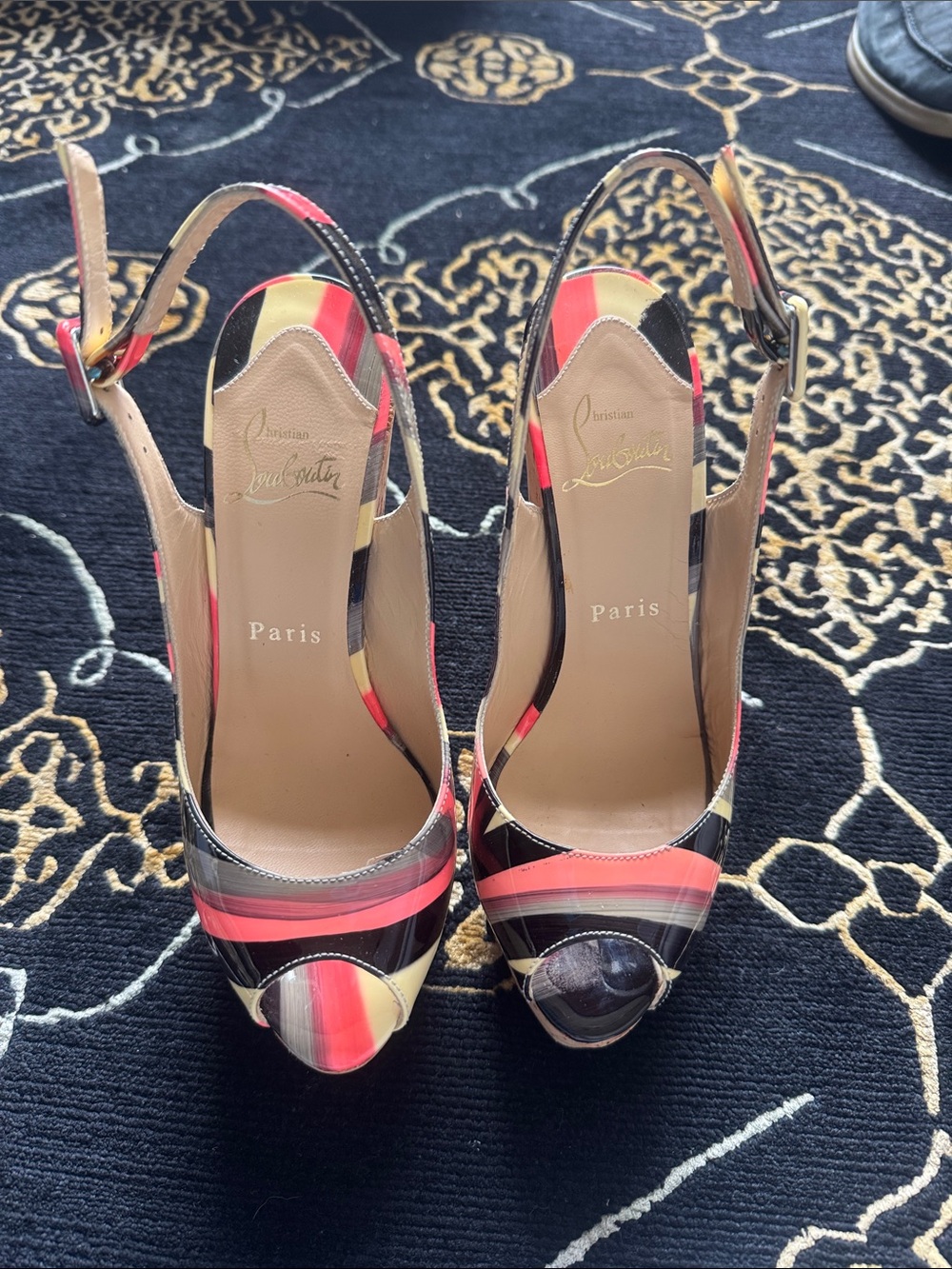 Christian Louboutin Striped Multicolor Slingback Heels in Pink, Black & Cream